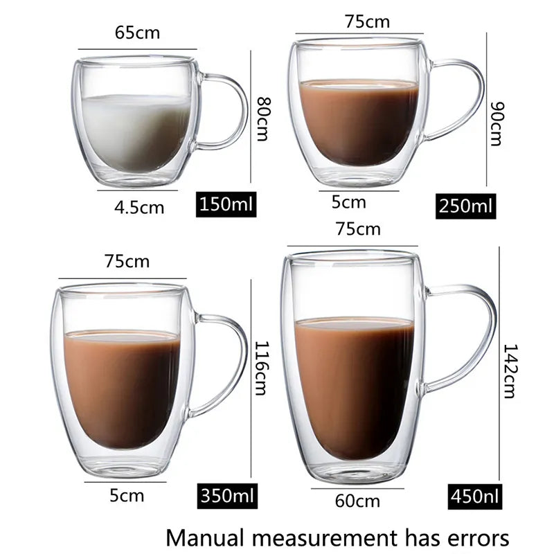 Taza de vidrio de borosilicato de doble pared con mango resistente al calor, taza de agua para café, leche, zumo, Bar, artículos de café, regalo para amantes