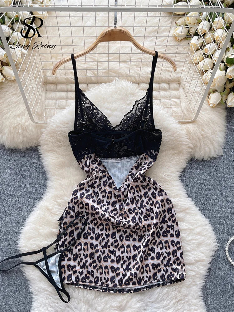 Leopard Print Sexy Short Dress Ladies Strap Sleeveless Slim  Split NIghtwear+Thongs Chain  Lace NIghtdress Wanita