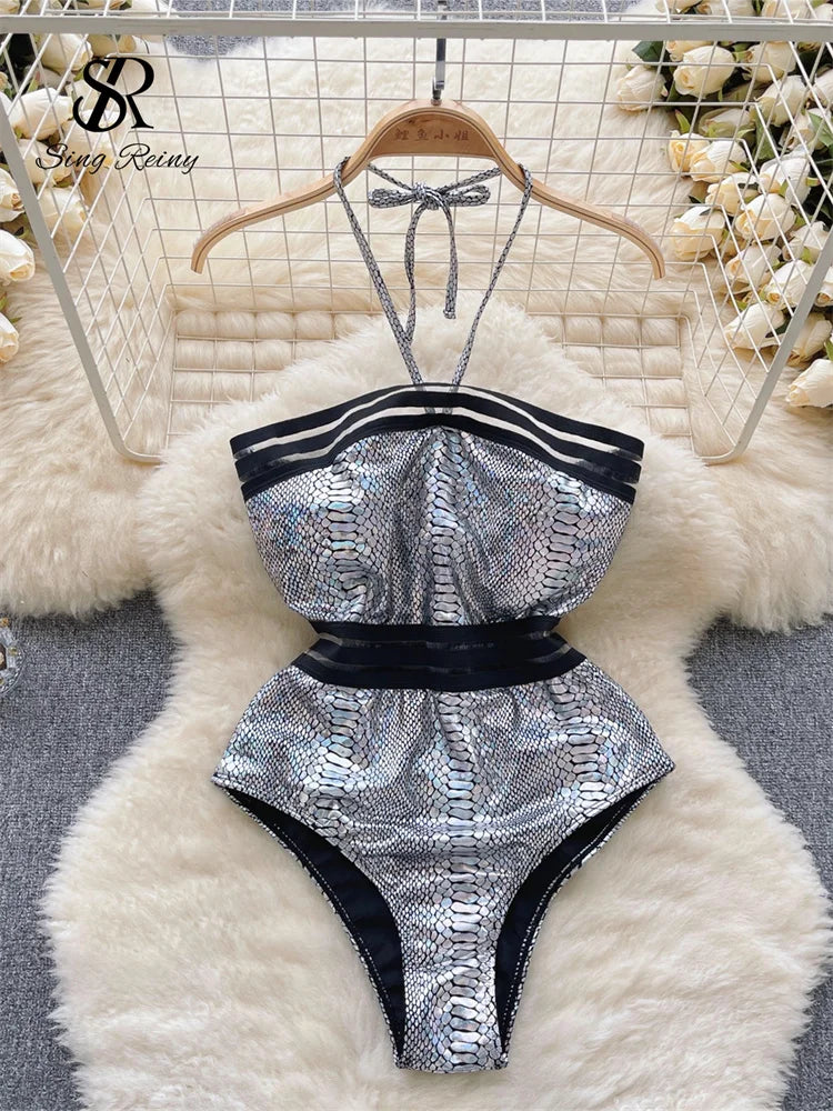 2023 Strapless Sexy Playsuits Ladies Halter Backless Slim Swimsuits Streetwear Open Crotch  Shiny Bodysuits Wanita