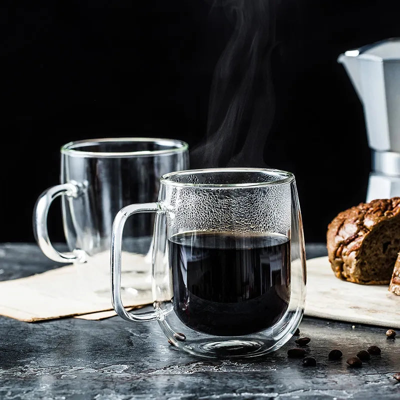 Taza de vidrio de borosilicato de doble pared con mango resistente al calor, taza de agua para café, leche, zumo, Bar, artículos de café, regalo para amantes