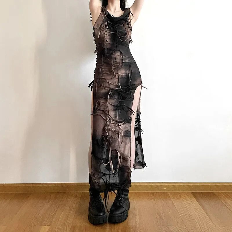 Robe à capuche Style Wasteland pour femmes, tenue irrégulière, Vintage, teinte par nouage, sans manches, coupe cintrée, fendue, longue, tendance, été