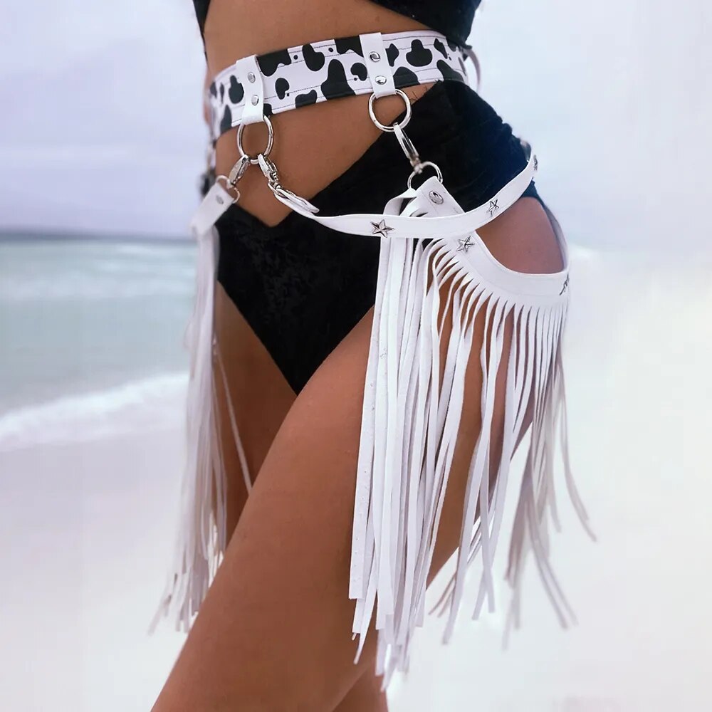 Women Sexy Harness Belt Denim printed white Tassels Short Leather Skirt Pu Leather Punk Gothic Cowboy Girl Wild Holiday Attire