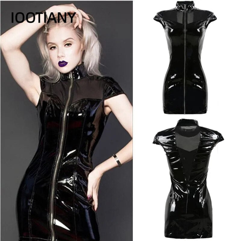 Mini Vestido gótico de cuello alto sin mangas para mujer, minivestido negro de PVC de talla grande de piel sintética con cremallera, aspecto húmedo, Vestido de noche para discoteca