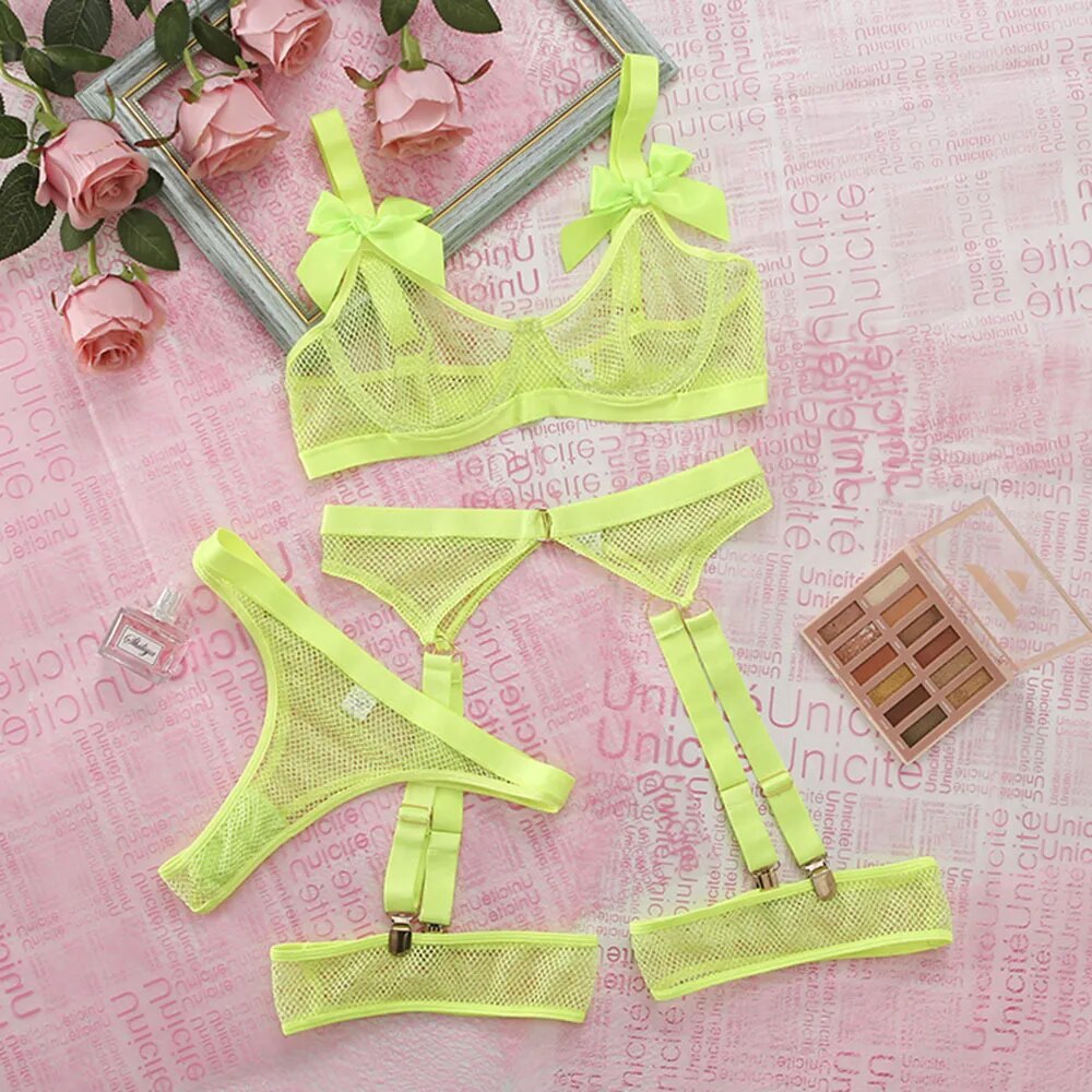 Lingerie Sexy néon avec chaussettes, sous-vêtements transparents en dentelle avec nœud papillon, maille transparente, ensembles transparents, 5 pièces