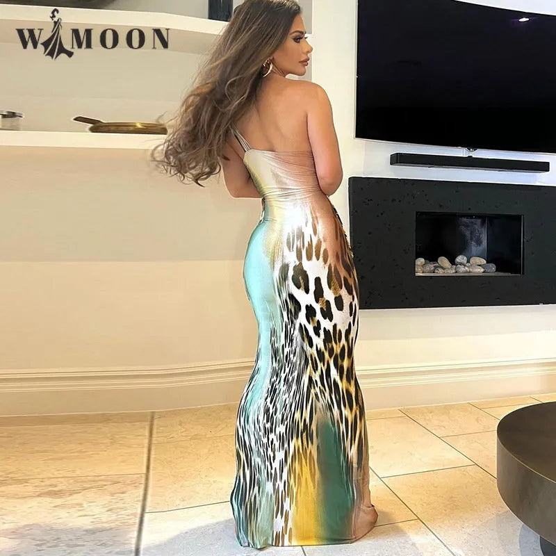 Sexy Leopard Pattern One Shoulder Slip Maxi Dress 2023 Spring Summer Hollow Out Long Suspender Gowns for Women Evening Dresses