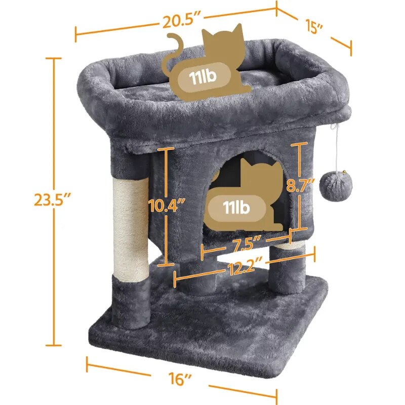 SmileMart Torre de condominio de árbol para gatos de 2 niveles de 23,5 pulgadas de alto con percha de felpa, casa para gatos gris oscuro, árbol para gatos, casa en el árbol para gatos