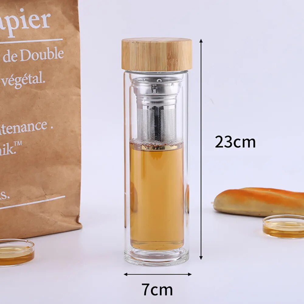 UPORS Bouteille d'eau en verre avec infuseur à thé Gobelet de voyage en verre à haute teneur en borosilicate à double paroi avec couvercle en bambou Bouteille de thé pour infusion