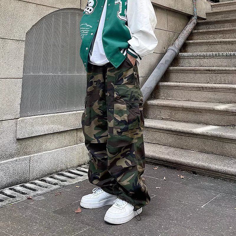 Straight Cargo Pants For Men Japanese Style Drawstring Casual Pants Men's Loose Trousers Fashion Camouflage Sweatpants Harajuku