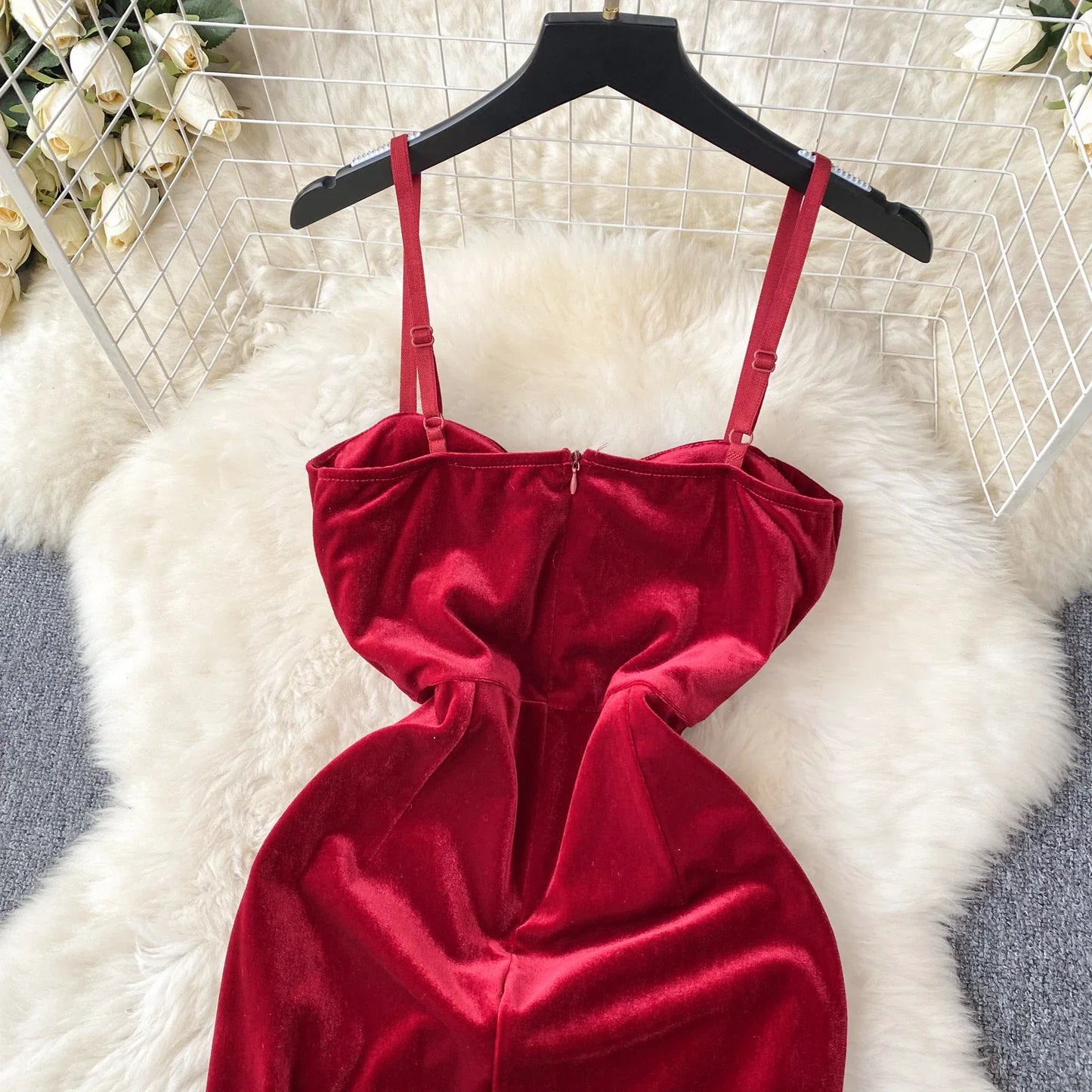 Christmas Velvet Sexy Evening Dress Rose Halter Strap Zipper Sheath 2023 Fashion Senior Sensual Night Club Outfit Wanita