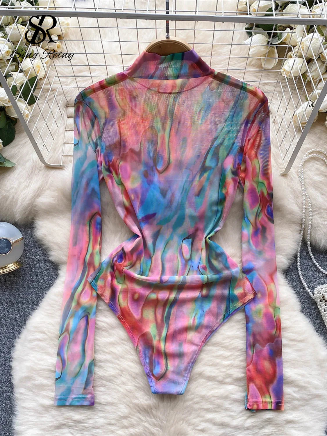 2023 Transparent Mesh Sexy Bodysuits Printing And Dyeing Open Crotch Sheath Rompers Fashion Sheer Print Slim Playsuits Wanita