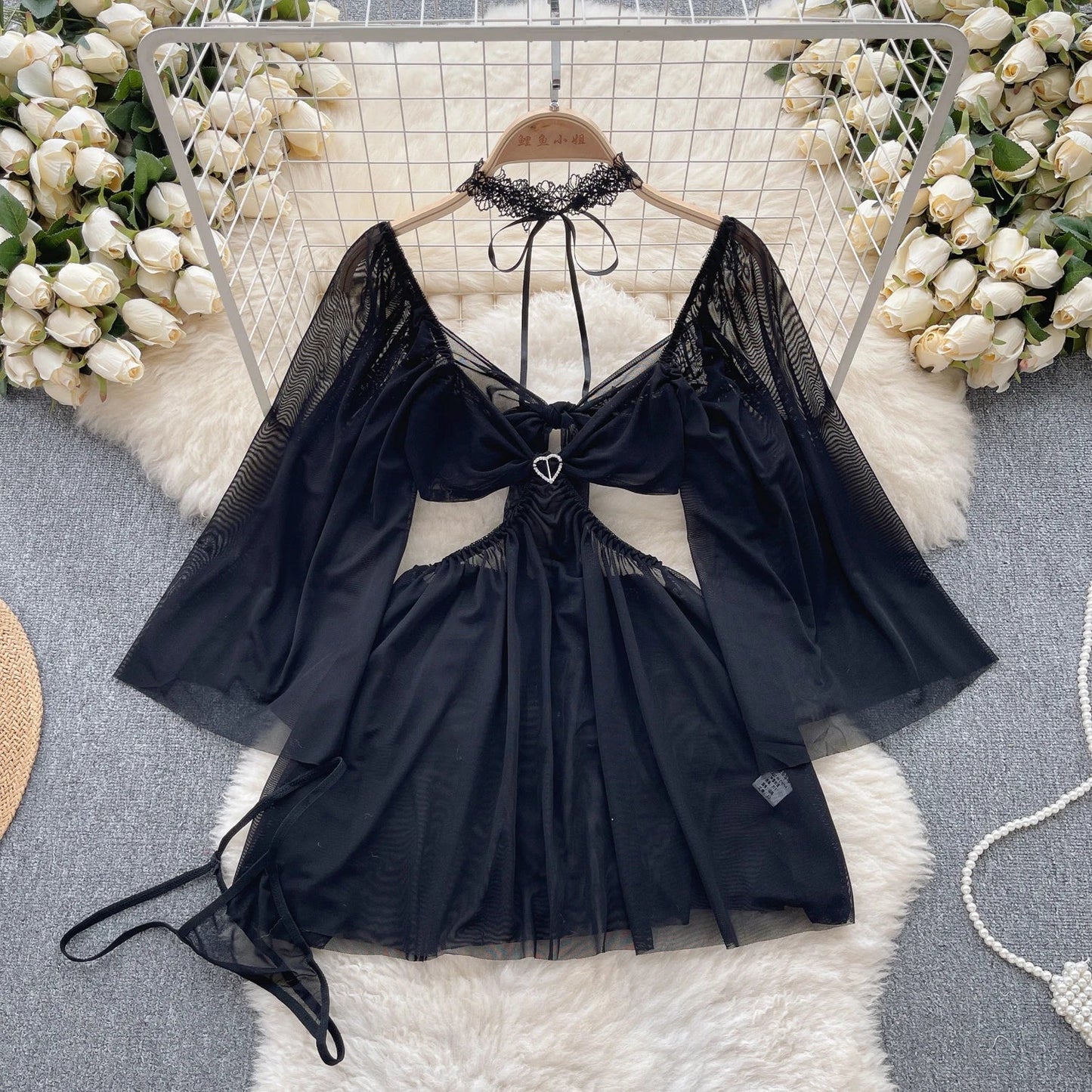 Hollow Out Mesh Sexy Dress Women Transparent A Line Swimsuits+Thongs 2023 Sheer   Sensual Mini Nightdress Wanita