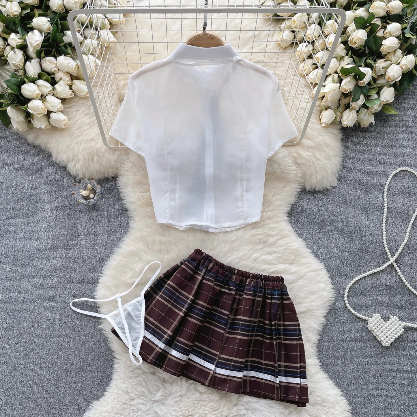 2023 Female Sheer Sensual Suits Transparent T Shirt+Plaid Mini Skirt+Thongs Preppy Style  Sexy Three Pieces Sets Wanita