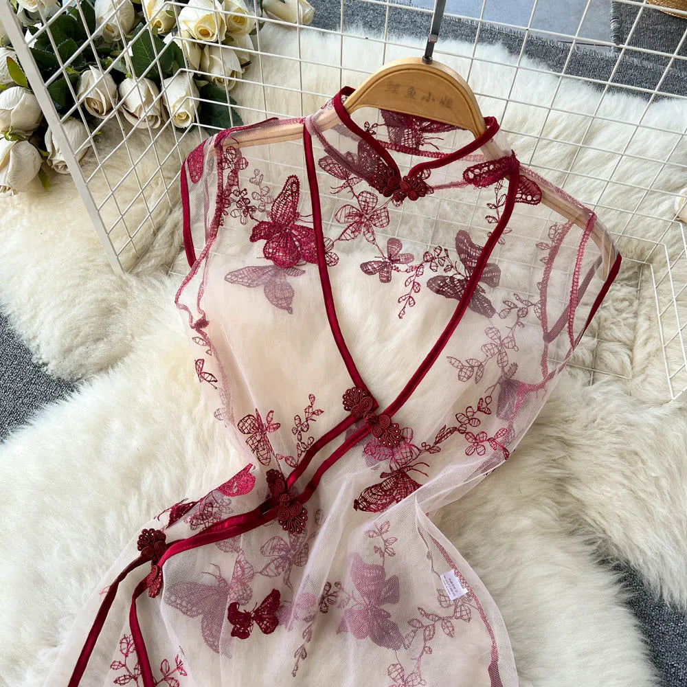 2023 Embroidery Sheer Bodycon Nightdress Women Floral Slim Split Sexy Dress+Thongs Chinese Vintgae  Nightwear Wanita