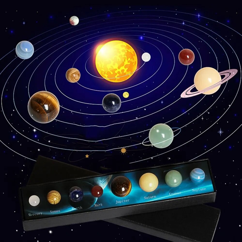 Creative Natural Crystal 8/9 Planet Ball Solar System Round Original Stone Popular Science Ornament Sphere Galaxy Model Gift Box