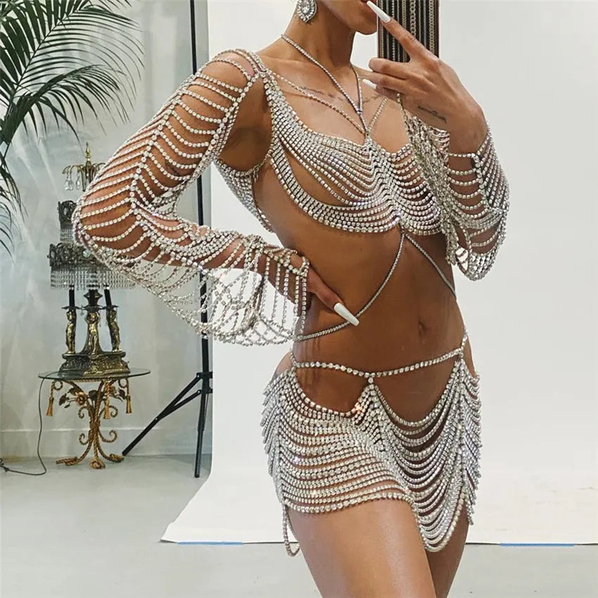 Chaîne de corps en strass pour femmes, bijoux de luxe, haute qualité, Sexy, mode fête, Bikini, harnais, soutien-gorge et jupe, accessoires, cadeau, 2022