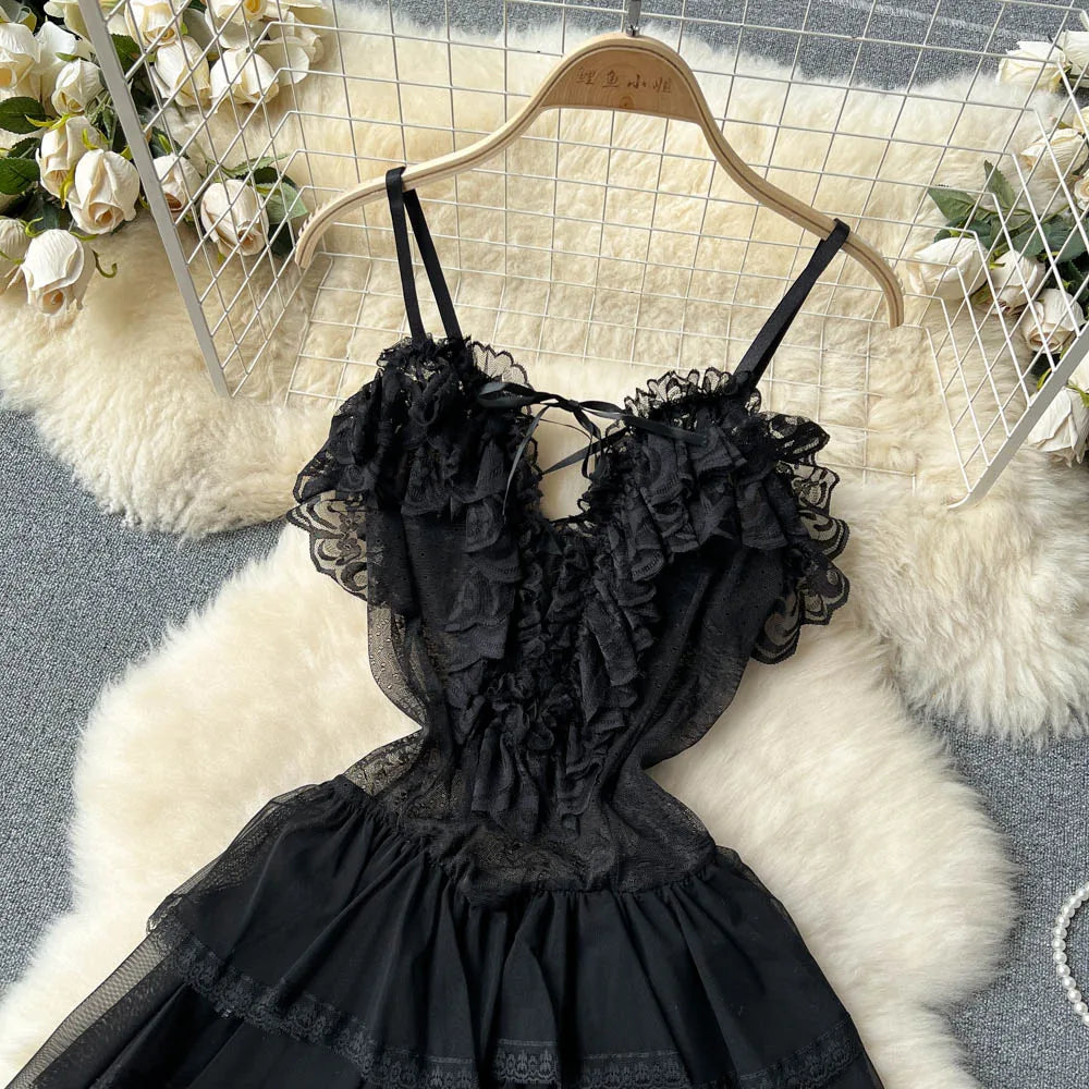 2023 Ruffles Sweet Cake Sheer Dress Women Strap Lace Up Backless Mesh Sexy Nightdress+Thongs   Nightwear Wanita