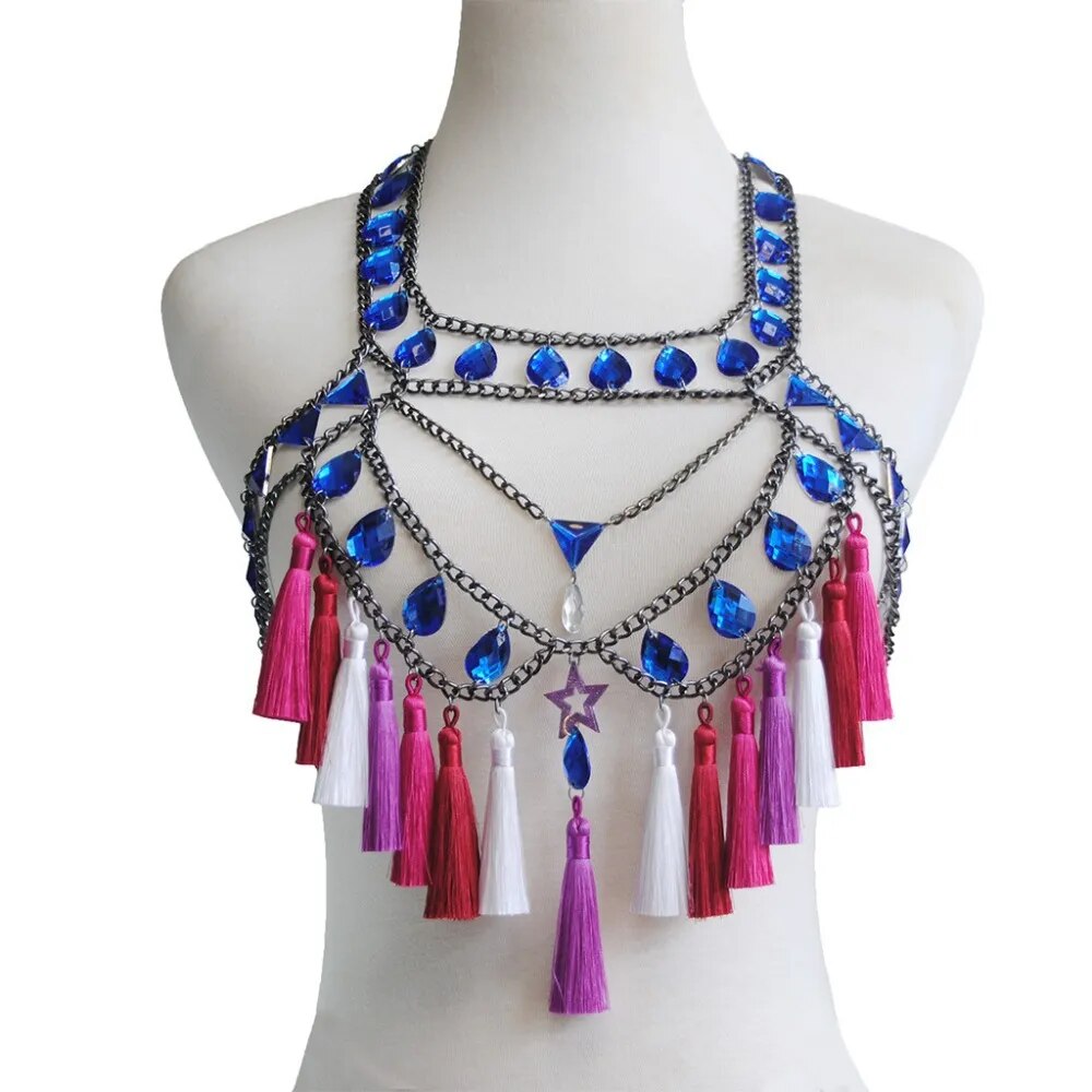 Conjunto de 2 piezas Y2k para mujer, Tops cortos con cuello Halter y espalda descubierta de cristal brillante, minifalda con borlas, traje de cadena para el cuerpo para Festival Rave