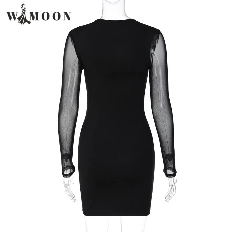 Long Sleeve Mesh Patchwork Bodycon Mini Dress Women Party Club Tight Short Dresses 2023 Autumn Female Clothing Streetwear Black