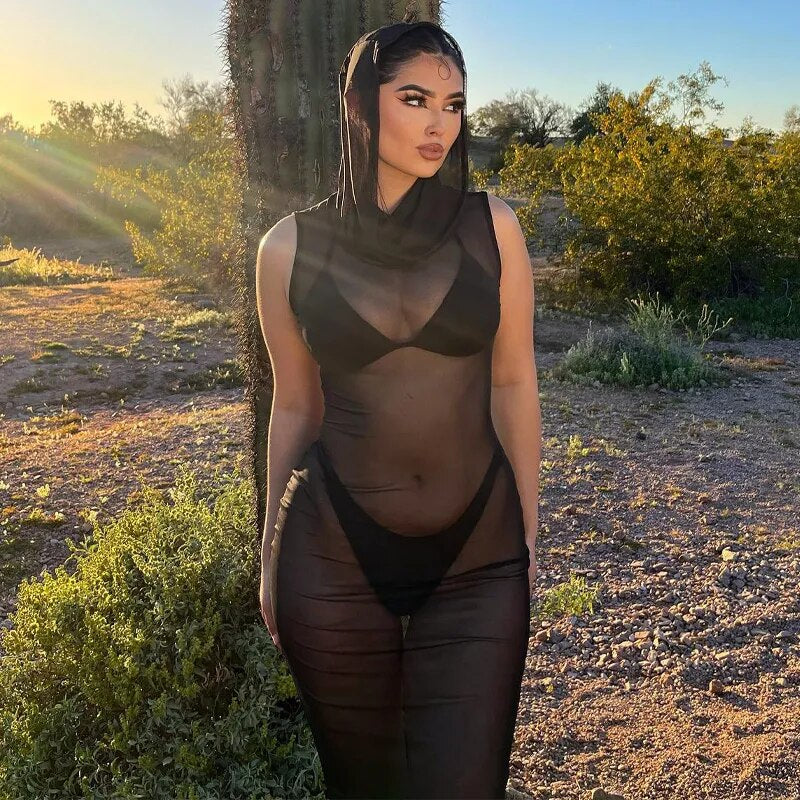 Robe à capuche en maille noire, sans manches, transparente, moulante, Sexy, longue, pour la plage, été