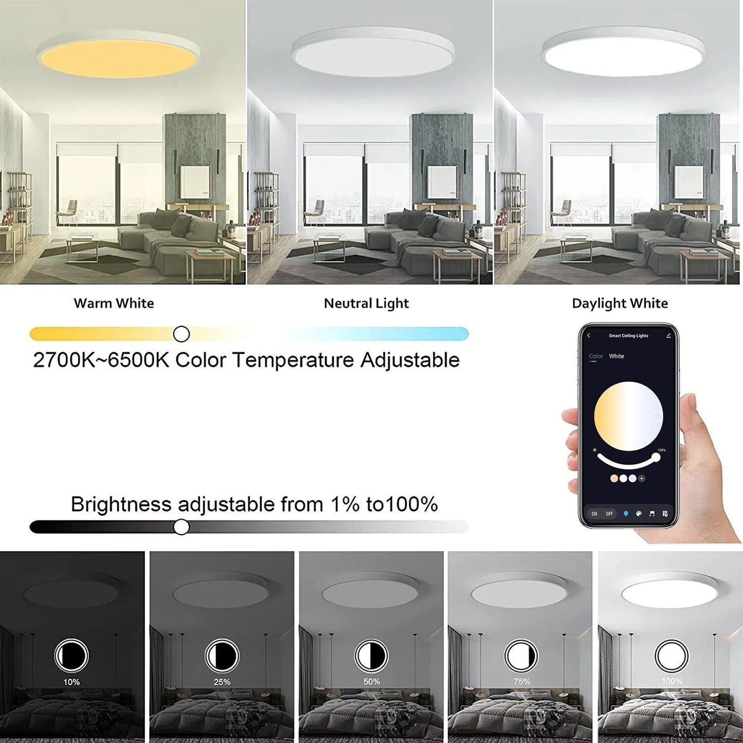 Luz LED de techo redonda inteligente con Bluetooth, luces de habitación regulables con cambio de colores, RGB, CW, WW, Control por aplicación remota, Tuya