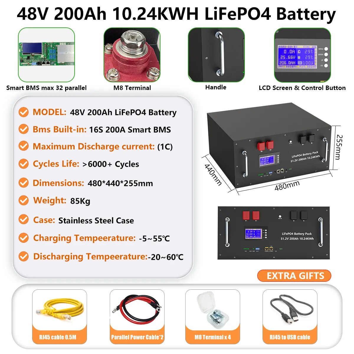 48V 200AH LiFePO4 Battery Pack 51.2V 10KWH Lithium Solar Battery 6000+ Cycles Max 32 Parallel RS485 CAN For Off/On Grid Inverter