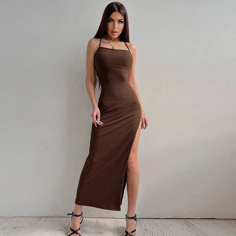 Sexy Black Long Bodycon High Split Dress Women Summer Sleeveless Blackless Halter Spaghetti Strap Dresses  Club Vestidos