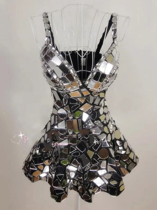 Robe miroir argentée, Costume de scène Sexy pour femmes, tenue de Festival, discothèque, Bar, chanteur Dj Ds, vêtements de spectacle faits à la main, 2023