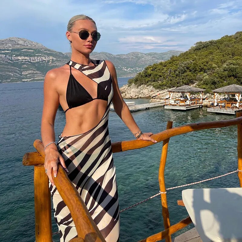 Robe de plage longue imprimée zèbre, Cover-up Sexy en maille transparente, Maxi, rayée, découpée, moulante, pour vacances, été, 2023