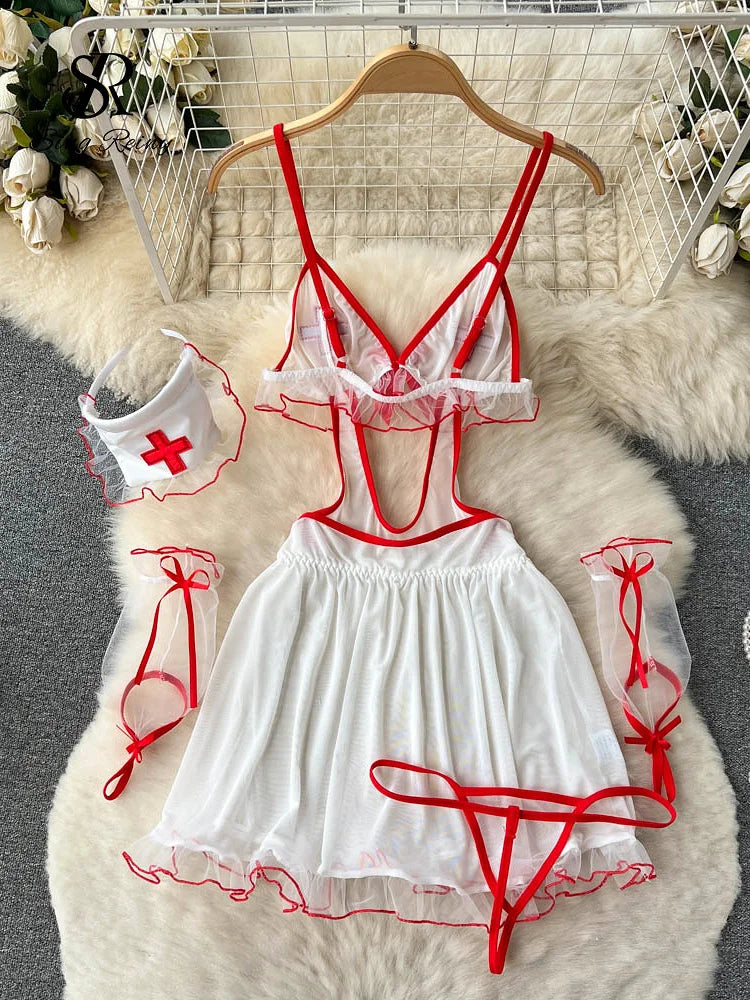 Nurse Cosplay Mesh Sexy Nightwear Women Strap Elastic Mini  Pajamas Dress+Thongs Backless Sensual Night Dress Wanita