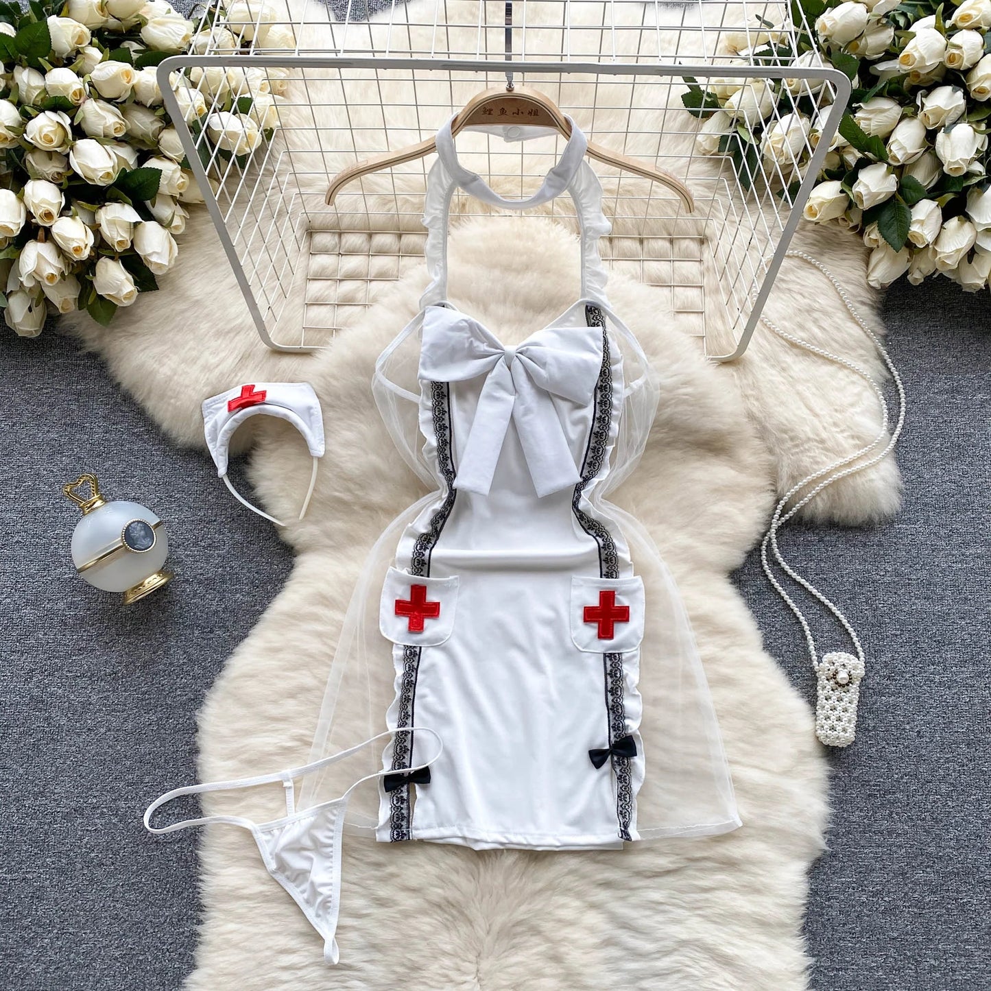 Japon infirmière Cosplay Sexy chemise de nuit femmes dentelle maille Patchwork robe moulante + tongs dos nu pure vêtements de nuit Wanita