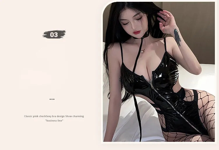 Skinny Leather One-piece Bodysuit Passion Motorcycle Uniform Temptation Sexy Lingerie Women Zipper  Body  Costumes