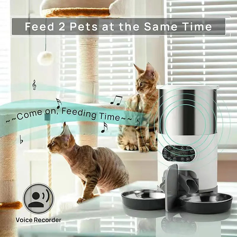 Alimentador de tiempo para gatos, aplicación inteligente, alimentador para gatos, comida doble de acero inoxidable, comida para mascotas, alimentación remota, dispensador automático adecuado para gatos y perros