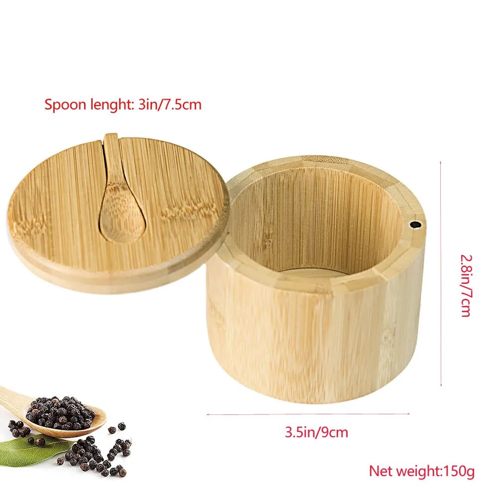 Bamboo Salt Container Spoon Seasoning Jar With Swivel Magnetic Closure Lid to Keep Dry To Storage Pepper Spice Cellar Holder