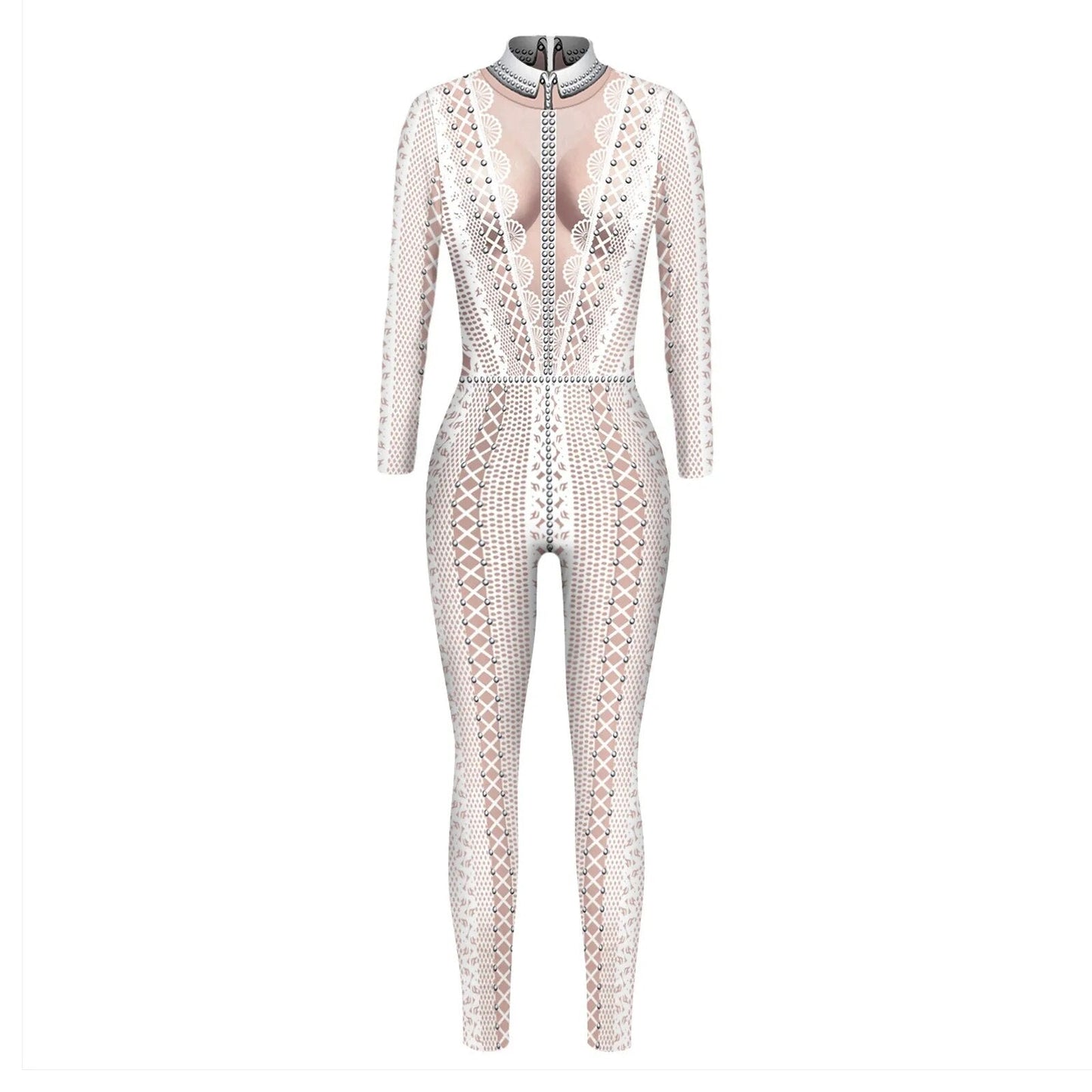 Women's Turtleneck Simulation 3D Printing Pearl and LaceZip Bodysuit Full Body Bodysuit Halloween Costume Mint Jumpsuit Women