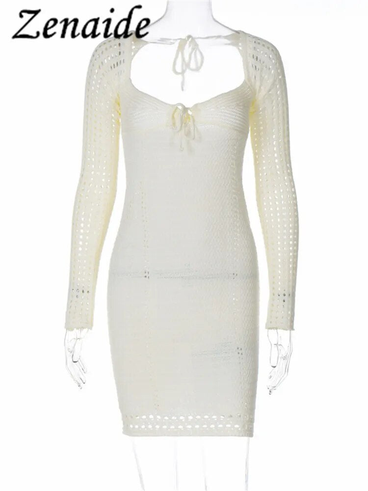 Zenaide – robe Mini à manches longues, ajourée, Sexy, transparente, tricotée, Crochet, dos nu, tenue de soirée, automne 2023