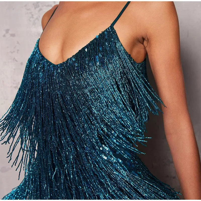 Vssjavun paillettes gland plume Spaghetti sangle robe femmes mode Sexy couture Mini robe soirée Club robe élégante