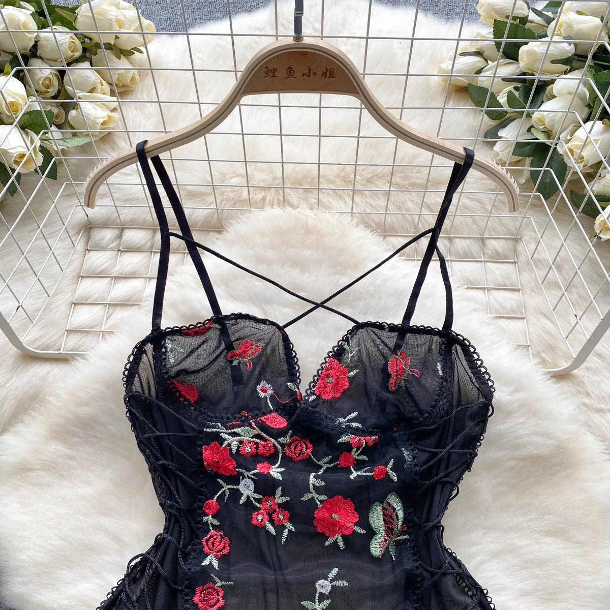 Strap Floral Embroidery Mesh Bodysuits Women Sleeveless Slim Lace Up Backless Jumpsuits Korean Sheer Sexy Playsuits Wanita