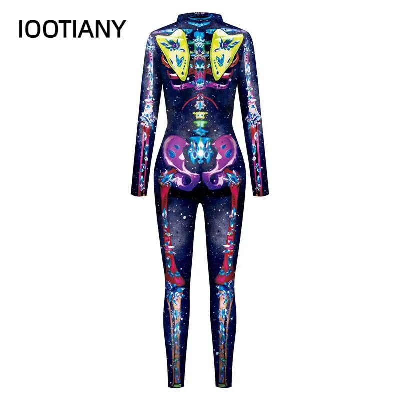 IOOTIANY 7 Colors 3D Skull Skeleton Printed Bodysuit Halloween Costume For Women Outfit Fancy Dress Clothing Adult Suit S-XL