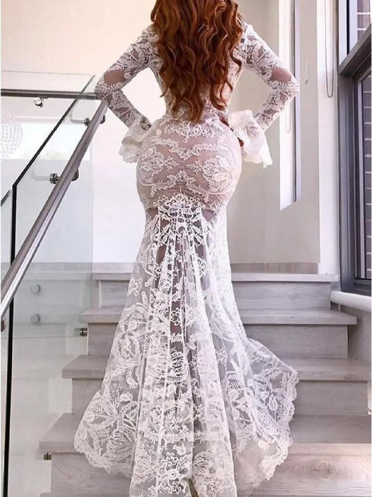 Robe Sexy en dentelle transparente pour femmes, nouvelle collection été 2023, col en V profond, jupe fendue en queue de poisson, adaptée aux Robes de soirée de mariage