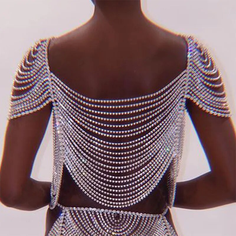 Women Luxury Crop Tank Top Glitter Rhinestone Crystal Metal Chain Tassel Sexy See Through Backless Short Sleeve Festival  Tops