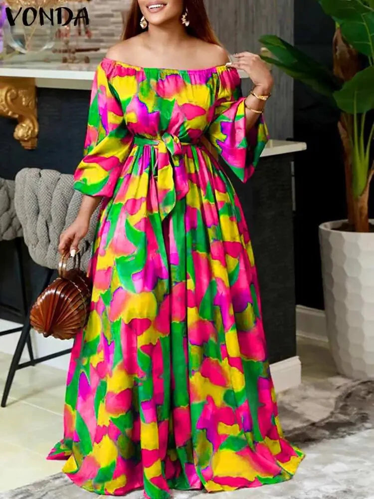 2023 VONDA Party Dress Oversize Women Summer Off Shoulder Maxi Evening Dresses Bohemian Elegant Long Sundress Print Vestido Robe