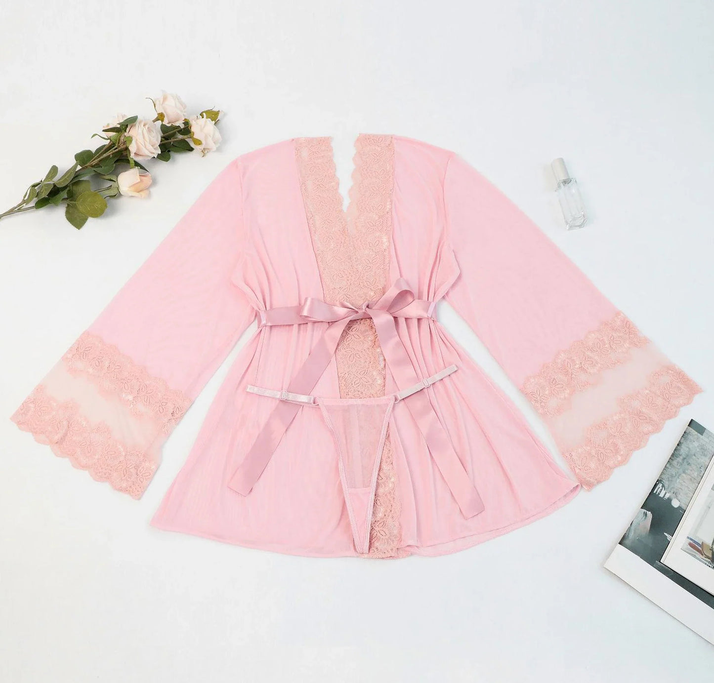 Wanita Sexy Robe en dentelle à manches longues vêtements de nuit rose clair vêtements de nuit demoiselles d'honneur cadeaux à lacets pyjama de nuit