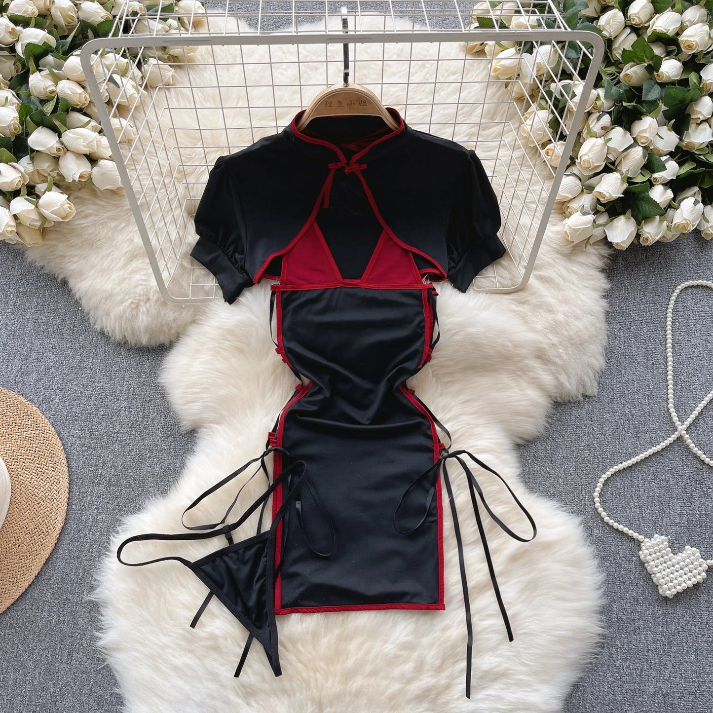 Cosplay Costume Sensual  Suits Kung Fu Girl Frog Lace Up Cross Design Dress+Thongs Hollow Out  Nightsuits Wanita