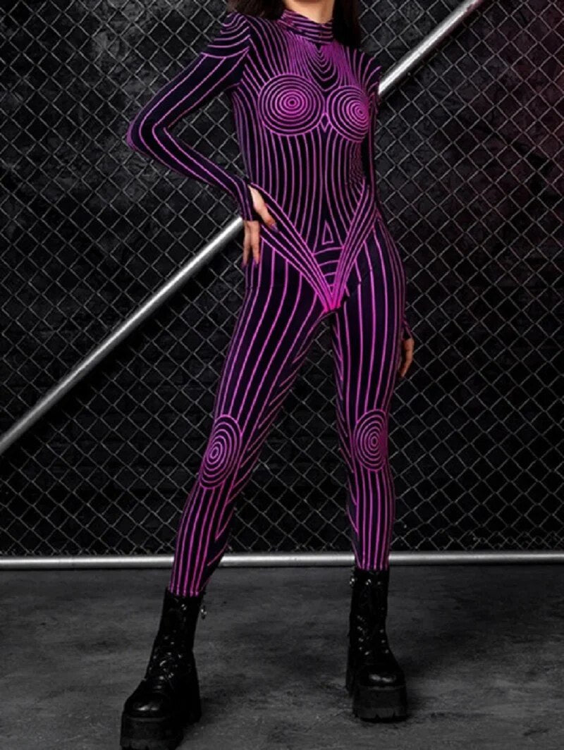 Zabrina Print Long Sleeve Jumpsuit For Women 2023 New Turtleneck Slim Neon Jumpsuits Female Halloween Festival Wear Club Party