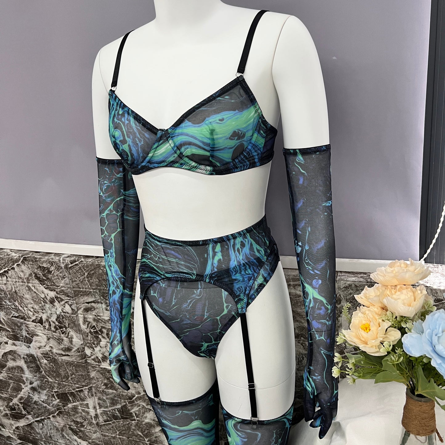 Lingerie teinture par nouage avec manches de bas, sous-vêtements fantaisie Sexy, 5 pièces, non censurée, intime, transparente, en maille, tenues sensuelles