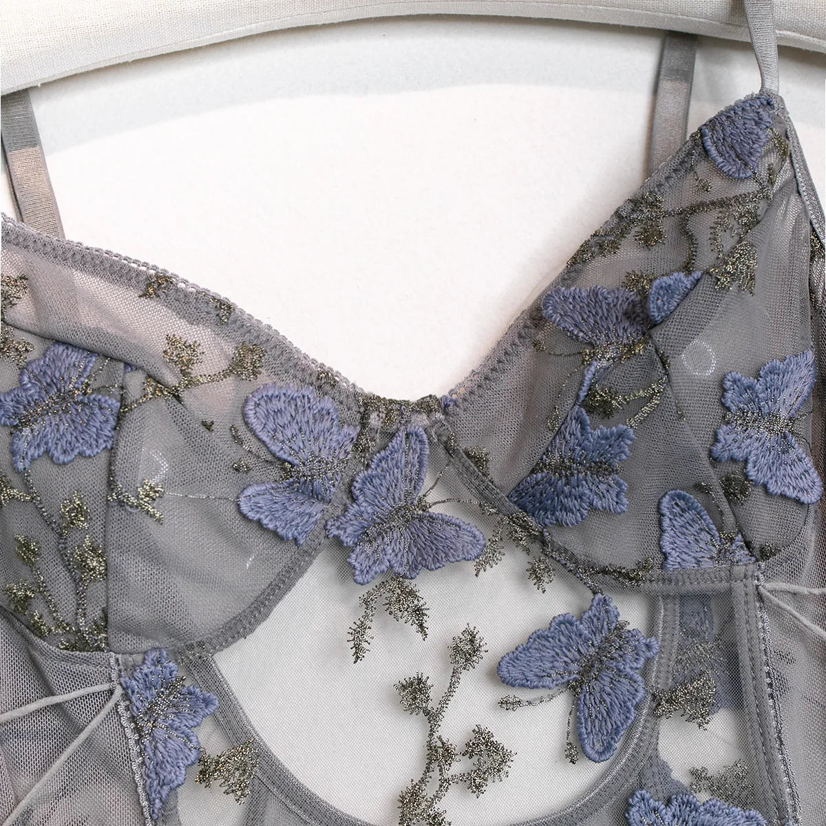 Wanita – combishort transparent brodé de fleurs pour femmes, vêtements de nuit à bretelles papillon, maille fine, dos nu, body Sexy, à lacets