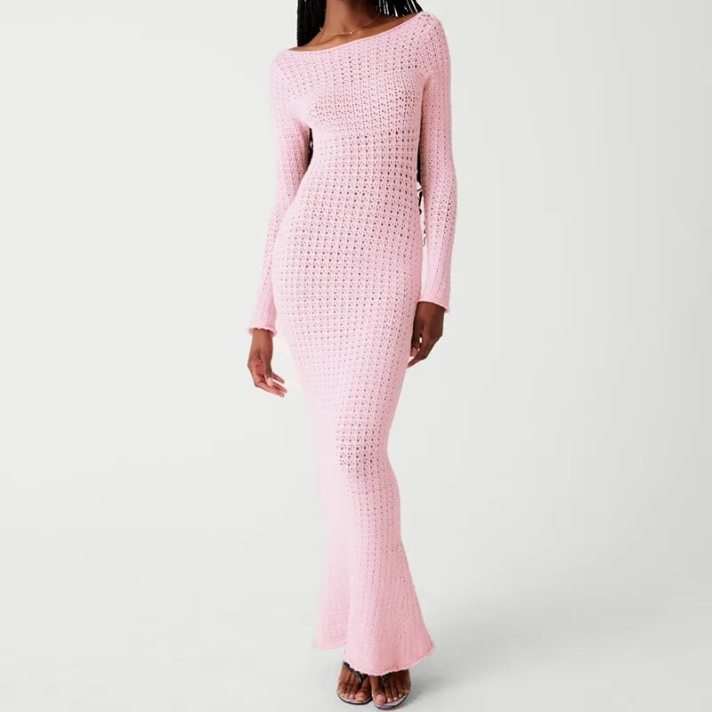 Sexy Backless Knitted Maxi Dress Long Sleeve Hollow Out Crochet Beach Dress See Through Long Bodycon Dress Pink