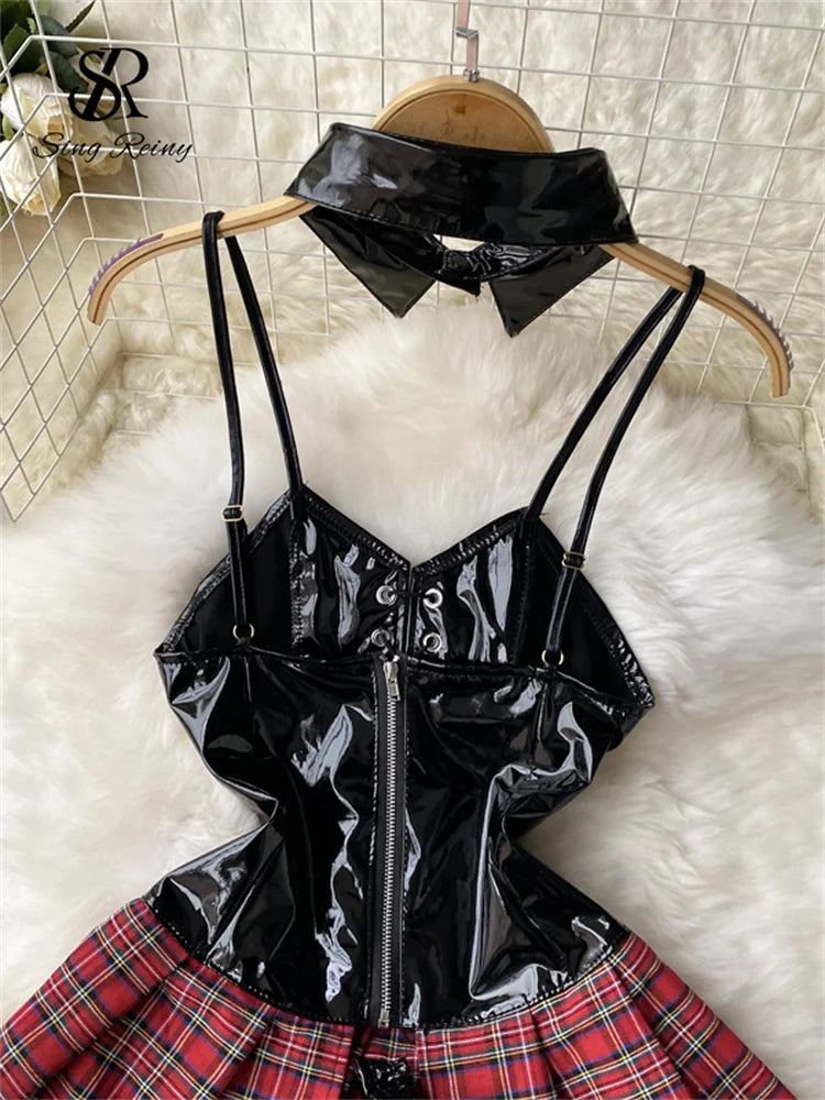 Strap PU Leather Sexy Dress Preppy Style Lace Up Backless Sensual Night Dress Plaid Cosplay   Mini Dress Wanita