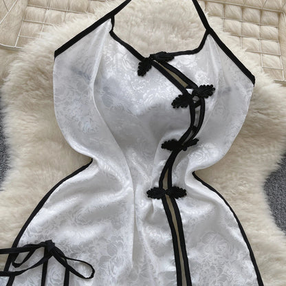 Camisón Vintage de estilo chino con abertura para mujer, ropa de dormir Sensual con cuello Halter, sin mangas y espalda descubierta, con cordones, vestido Sexy para Cosplay Wanita