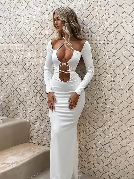 Sibybo Long Sleeves Lace Up Dress Sexy Chest Strap Cutout Dresses High Waist Skinny Robe 2023 Autumn/Winter Style Party Dress